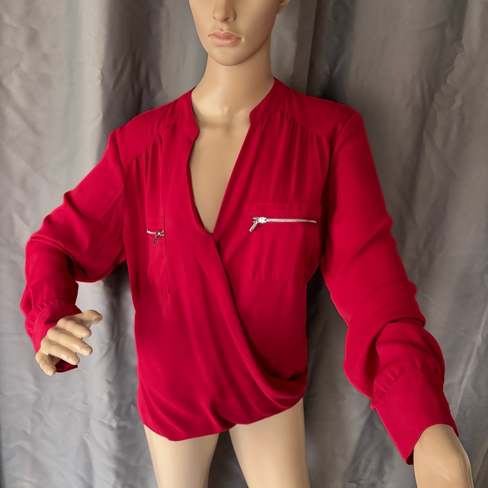 INC International Concepts Red Long Sleeve Wrap Blouse with Mandarin Collar